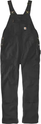 A studio shot of black Carhartt overalls.
