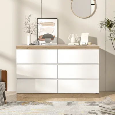 Zdjęcie produktu dla Komoda Sweiko z 6 szufladami, szafką, funkcją przechowywania, do sypialni i salonu, płyta wiórowa E1, biały + dąb