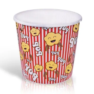 A popcorn bucket with a cartoon design.