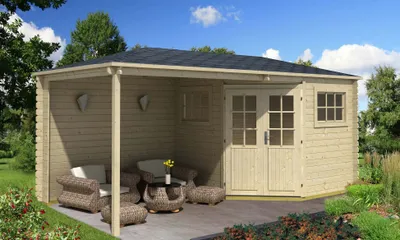 Produktbild von Alpholz 5-Eck Gartenhaus mit Anbau Franz aus Massiv-holz, Gerätehaus mit 28 mm Wandstärke, Garten Holzhaus mit Imprägnierung (pinie), Geräteschuppen Größe: 500 x 250 cm