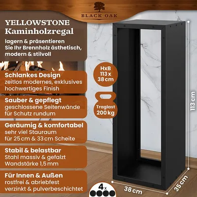 Produktbild von BLACK OAK Kaminholzregal YELLOWSTONE 113×38×35cm – Stahl schwarz für innen & außen