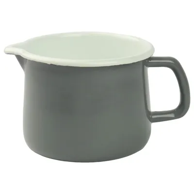 A gray enamel pot with a white interior and a handle, shown against a white background.