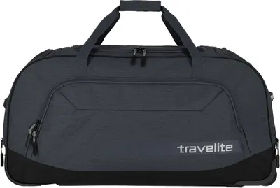 A dark gray Travelite rolling duffel bag with black accents is shown against a white background.
