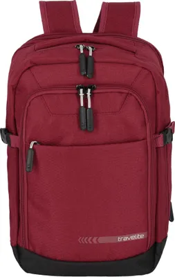 A red backpack is shown from the front against a white background.