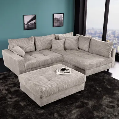 Produktbild von riess-ambiente Modernes Ecksofa KENT 220cm greige Cord inkl. Hocker Federkern L-Form Wohnlandschaft Eckcouch Couch Sofa
