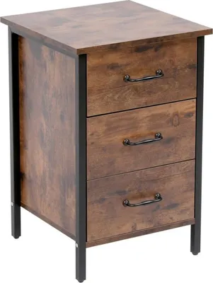 Produktbild von Happy Home Nachttisch Nachtkommode Nachtschrank mit 3 Schubladen, Beistelltisch aus Holz und Metallrahmen, Industrie-Design, Schwarz