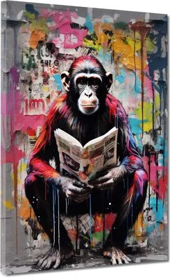 Produktbild von Pop Art sitzender Affe mit Zeitung Leinwandbild Wandbild Kunstdruck XL Wanddeko: 120x160x4cm