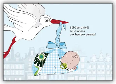 Produktbild von Französische Babykarte (Junge) mit Storch und Baby Boy