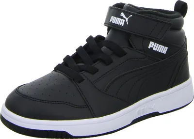 A studio shot of a black Puma sneaker.