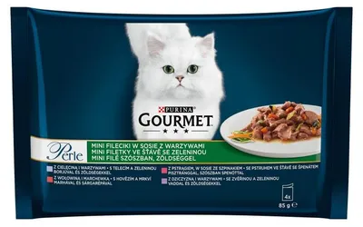 Produktbild von GOURMET PERLE Kalbfleisch, Rindfleisch, Wild, Forelle mit Gemüse 4 x 85 g