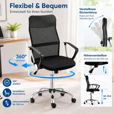 Immagine prodotto di Sedia da ufficio in rete, sedia da scrivania regolabile in altezza, sedia da gaming ergonomica, sedia girevole con funzione a dondolo, nera