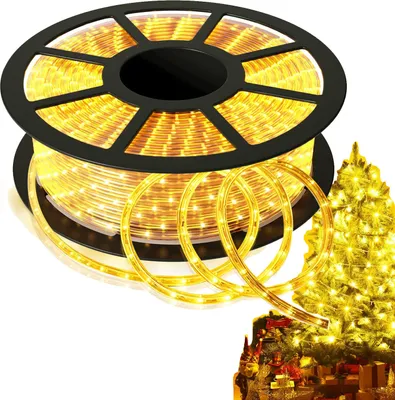 A spool of yellow LED rope lights is shown, with a decorated Christmas tree in the background.