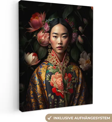 Produktbild von MuchoWow® - Leinwandbilder - Frau - Asiatisch - Kimono - Blumen - Porträt, Wandbild, Wanddeko Bilder Wohnzimmer, 60x80 cm