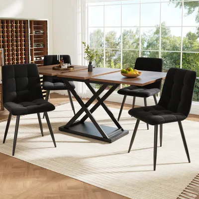A dining set with a table and chairs in a well-lit room with a large window.