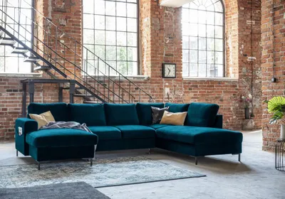 Produktbild von MIUFORM Lofty Lilly - Ecksofa mit Bettfunktion und Bettkasten U-FORM RECHTS - 303 x 197 cm - Velours Petrolblau - Sofa Schlafsofa Couch