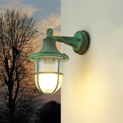 Produktbild von Außenlampe Wand IP64 E27 Grün antik Glas Echt-Messing Maritim SANTORIN Außenwandleuchte HausGarten Terrasse