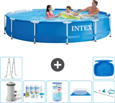 Produktbild von Intex Rundrahmen-Schwimmbecken – 366 x 76 cm – Blau – inklusive Pumpe Wartungspaket - Filter - Bodenplane - Reinigungskit - Leiter - Fußbad