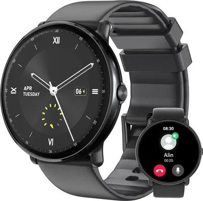 A black smartwatch with a black strap is shown against a white background. A smaller inset image shows the smartwatch screen displaying an incoming call.