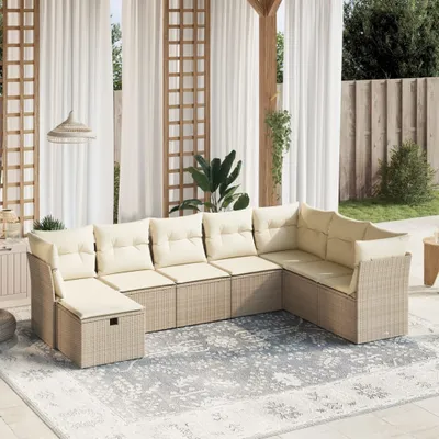 Produktbild von Design 8-tlg. Garten-Sofagarnitur mit Kissen Beige Poly Rattan, Gartenmöbel-Sets 2024 Neu
