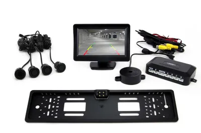 Obrázok produktu pre AMiO Parkovací asistent TFT01 4,3” s kamerou CAM-402 LED v podložke pod ŠPZ, 4-senzorové, čierne GOLD 18mm