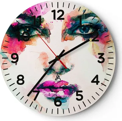 Produktbild von Wanduhr - Rund - Glasuhr - Frau Gesicht Kosmetik - 40x40cm - Schleichendes Uhrwerk - Lautlos - zum Aufhängen bereit - Dekoration Modern - Wanddekoration aus Glas - C4AR40x40-3050