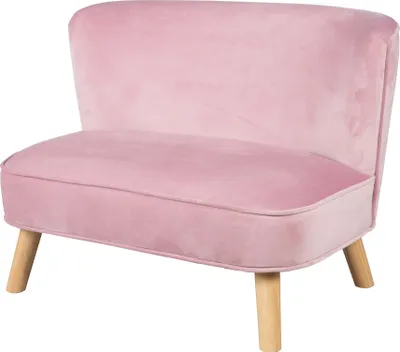 A pink velvet children's sofa with wooden legs, shown from the front.