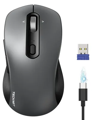 Produktbild von TECKNET Bluetooth Maus Kabellos, Wiederaufladbare Funkmaus mit 4-Wege-Scrollrad, 4800 DPI 6 Stufen, Leise 6 Tasten, BT5.0/BT3.0/2,4 GHz für 3 Geräte, Ergonomische Maus für Laptop, PC, Mac, iPad – Grau