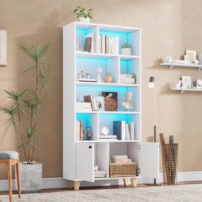 Produktbild von okwish Highboard Bücherregal mit LED-Farbwechsel-Ambientelicht, Aufbewahrungsschrank mit mehrere Ablagefächer und Doppeltüren,weiß