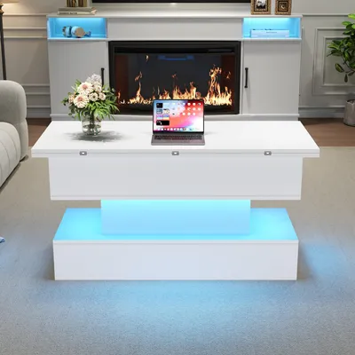 Image de OKWISH Table Basse Relevable - Table de Salon avec Rangement Caché et Éclairage LED, Blanc - 100x50x51,5 cm