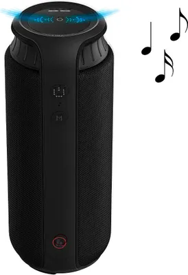 A black portable Bluetooth speaker with musical notes floating around it.