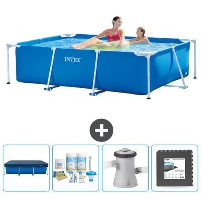 Obrázok produktu pre Bazén Intex s obdĺžnikovým rámom - 220 x 150 x 60 cm - modrý - vrátane krytu - balík na údržbu - filtračné čerpadlo pre bazén - dlažba