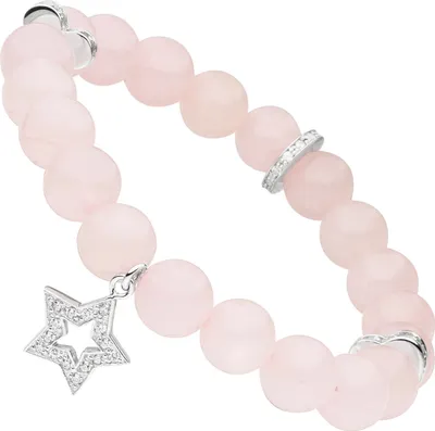 Produktbild von Kugel-Armband aus Rosenquarz rose mit Stern und Herzen 925 Silber Zirkonia 18cm
