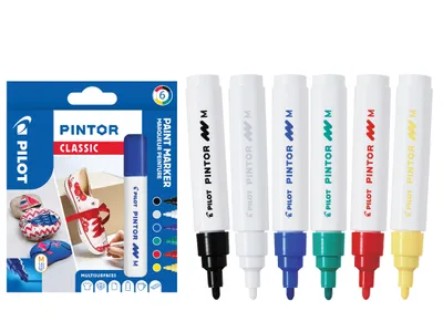 Produktbild von PILOT PINTOR Kreativmarker 6er Set – 1.4mm mittlere Spitze, Klassische Farben