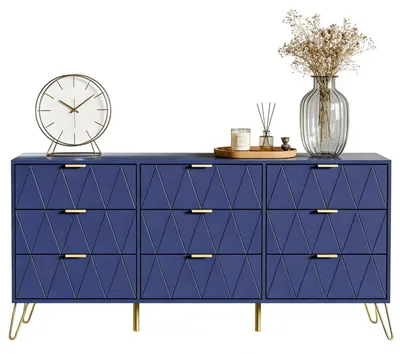 Immagine prodotto di Comodino con 9 cassetti, dimensioni 150x34x74 cm, colore blu scuro, realizzato in MDF