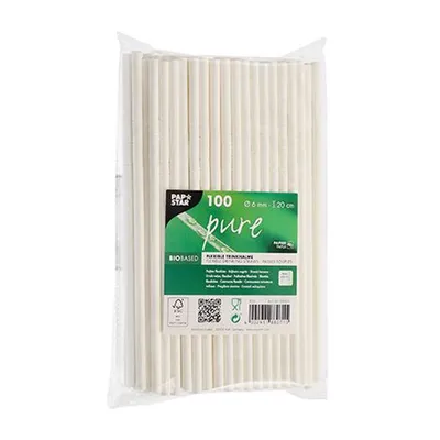 Obrázok produktu pre Papstar papierové slamky čisté 6 mm 20 cm ohybné biele 100 ks