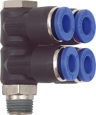 Produktbild von Riegler L-Mehrfachverteiler »Blaue Serie«, 4-fach, drehbar, R 1/8 a. Ø 8mm