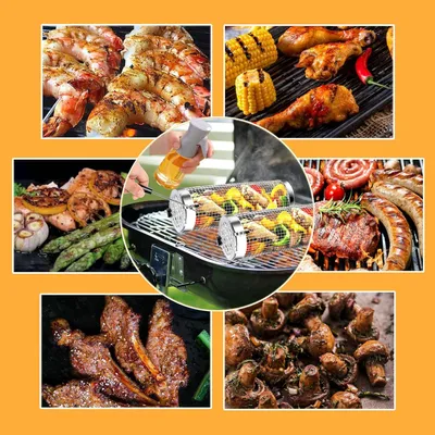 Produktbild von Famanu Grillkorb 2 Stück, rostfreies Stahl, zylindrisch, mit Vorke, für Gemüse und Fleisch - 30 x 9 cm