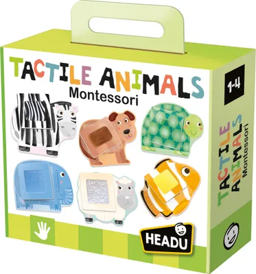 A product box for a tactile animal puzzle set, showing various animal shapes with different textures.