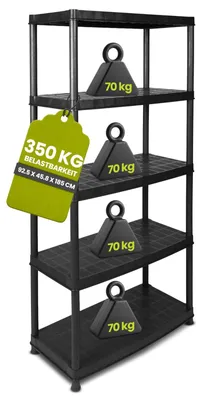 Zdjęcie produktu dla Regał magazynowy plastikowy - Regał wielopółkowy - Czarny - 92 x 45 x 185 cm - 5 półek - 70 kg na półkę