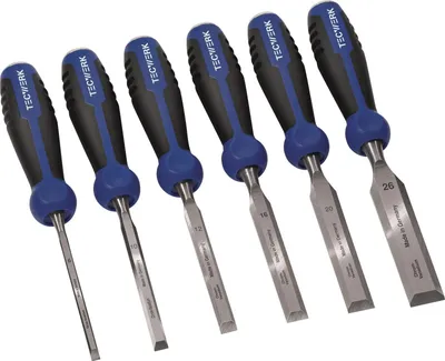 Produktbild von Stechbeitelsatz 6,10,12,16,20,26mm 2-K Heft.m.Schlagknopf 6-tlg.Krt.TECWERK