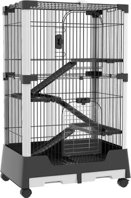 Image de Cage pour petits animaux - Cage à roulettes - 75 x 50 x 114 cm - 3 niveaux, 3 rampes - Plateaux amovibles - Acier/ABS/PP - Noir