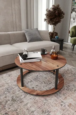 Obrázok produktu pre Skye Decor, kvalitný konferenčný stolík, priemer 70 cm, výška 38 cm | 100 % MDF, nohy z lisovaného kartónu | farba orech, moderný a industriálny štýl, ideálny do vášho domova!