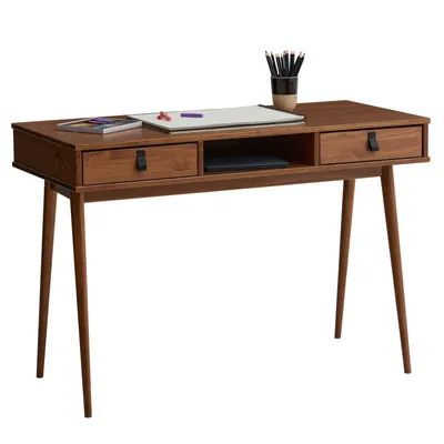 Produktbild von Schreibtisch KIM mit 2 Schubladen aus Massivholz, Kastanien farben - Home-Office Tisch mit offenem Fach, Bürotisch mit 2 Schubladen und Ledergriffen