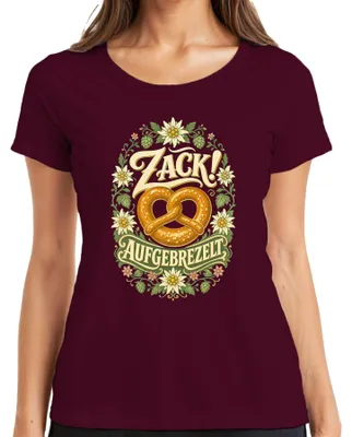 Produktbild von Zack! Aufgebrezelt Brezel Edelweiß Tracht Bayern Lederhose Dirndl Damen T-Shirt, Burgundy, 3XL