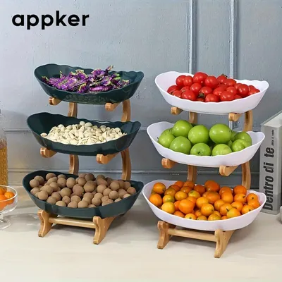Produktbild von 3 Etagen Obstkörbe, Obst, platzsparend in Küche, Obstschale,Holz und Kunststoffe,für Wohnzimmer, Küche, Rezeption,Weiß.