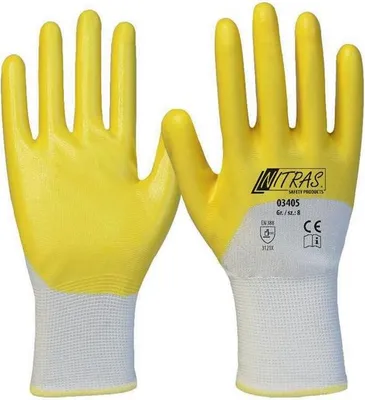 Produktbild von Handschuhe 03405 Gr.7 weiß/gelb PES m.Nitril EN 388 PSA II 12 NITRAS