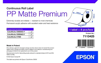 Obrázek produktu pro Epson PP Matte Label Premium, Continuous Roll, 102mm x 55m, Bílá, Samolepicí štítek, Nekonečná etiketa, Role, InkJet, Akrylový