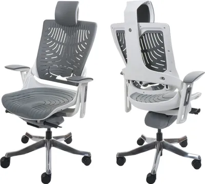 Two views of an ergonomic office chair against a white background.