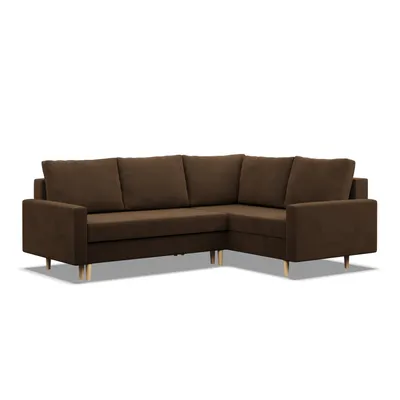 A brown corner sofa shown from the front on a white background.