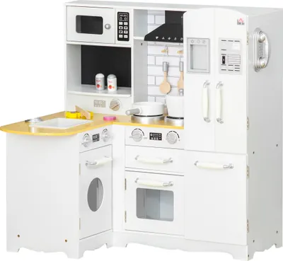 Produktbild von HOMCOM Holzspielzeugküche für Kinder ab 3 Jahren, Geräusche, 14 Zubehörteile, Telefon, abnehmbares Waschbecken, Mikrowelle, Wasserhahn, 82 x 65 x 87 cm, Weiß